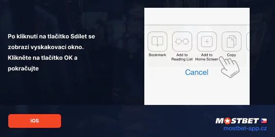 Klikněte na tlačítko 'Přidat na snímek obrazovky' v aplikaci safari - Mostbet