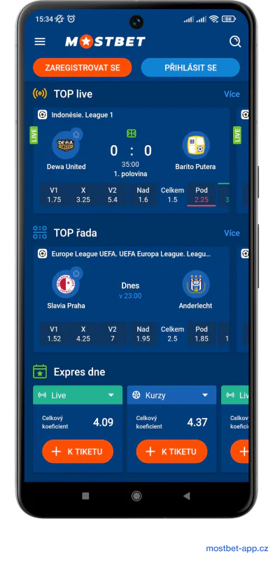 Stránka sportovních sázek – aplikace Mostbet
