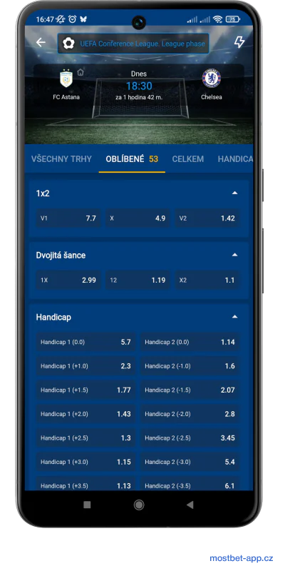 Stránka sportovních sázek – aplikace Mostbet