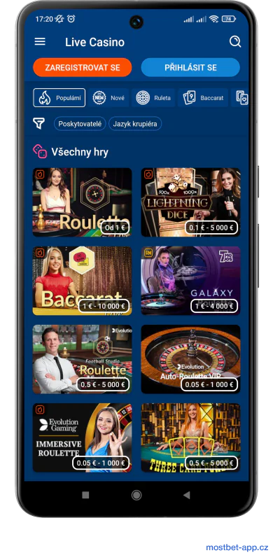 Sekce Live Casino aplikace Mostbet Czechia