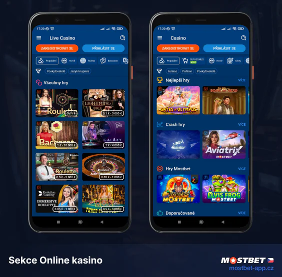 Sekce kasina v aplikaci mostbet